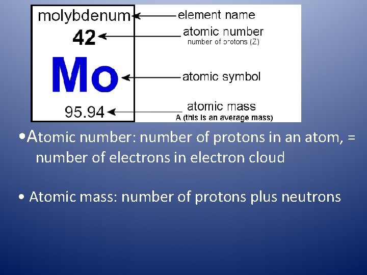  • Atomic number: number of protons in an atom, = number of electrons