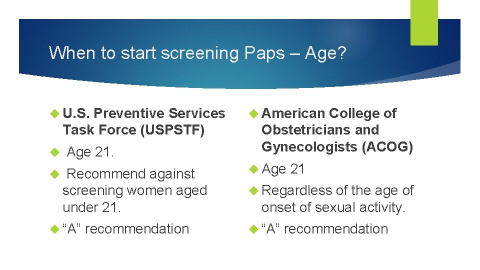 When to start screening Paps – Age? U. S. Preventive Services Task Force (USPSTF)