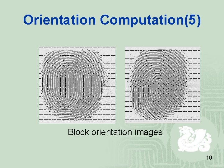 Orientation Computation(5) Block orientation images 10 Orientation Computation(5) Block orientation images 10