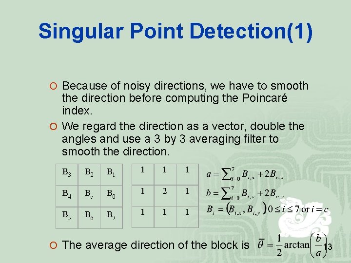 Singular Point Detection(1) Because of noisy directions, we have to smooth the direction before Singular Point Detection(1) Because of noisy directions, we have to smooth the direction before