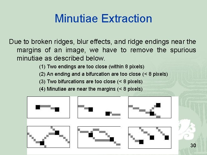 Minutiae Extraction Due to broken ridges, blur effects, and ridge endings near the margins Minutiae Extraction Due to broken ridges, blur effects, and ridge endings near the margins