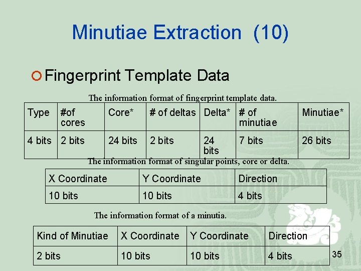 Minutiae Extraction (10) Fingerprint Template Data The information format of fingerprint template data. Minutiae Extraction (10) Fingerprint Template Data The information format of fingerprint template data.
