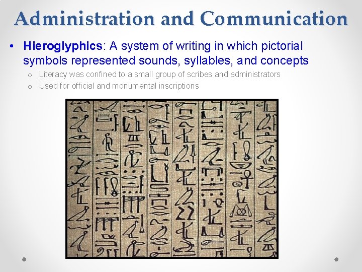 Administration and Communication • Hieroglyphics: A system of writing in which pictorial symbols represented Administration and Communication • Hieroglyphics: A system of writing in which pictorial symbols represented
