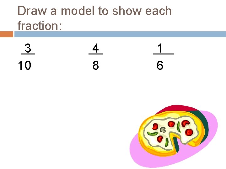 Draw a model to show each fraction: 3 10 4 8 1 6 