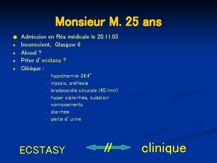 Monsieur M. 25 ans ● ● ● Admission en Réa médicale le 20. 11.