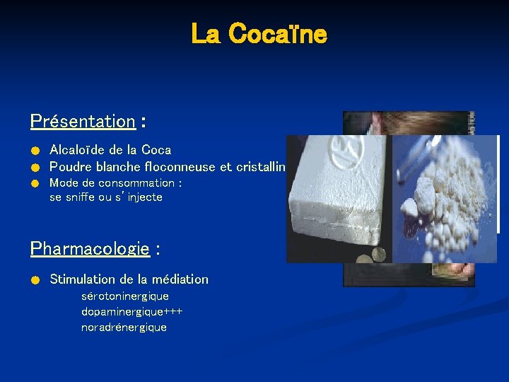 La Cocaïne Présentation : ● ● ● Alcaloïde de la Coca Poudre blanche floconneuse