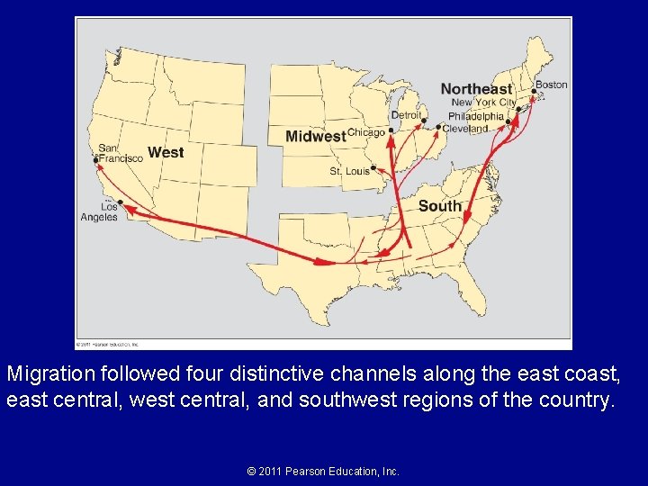 Migration followed four distinctive channels along the east coast, east central, west central, and Migration followed four distinctive channels along the east coast, east central, west central, and