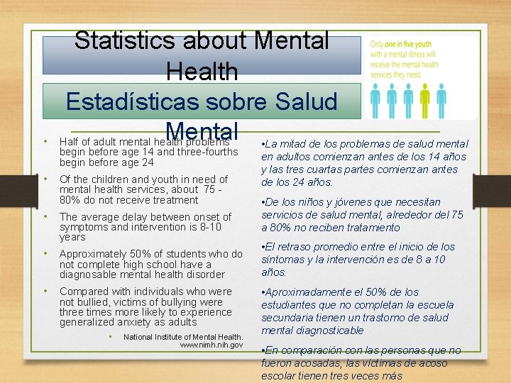  • Statistics about Mental Health Estadísticas sobre Salud Mental • La mitad de