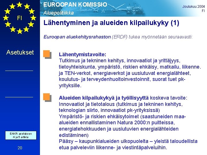 EUROOPAN KOMISSIO FI Aluepolitiikka Joulukuu 2004 FI Lähentyminen ja alueiden kilpailukyky (1) Euroopan aluekehitysrahaston