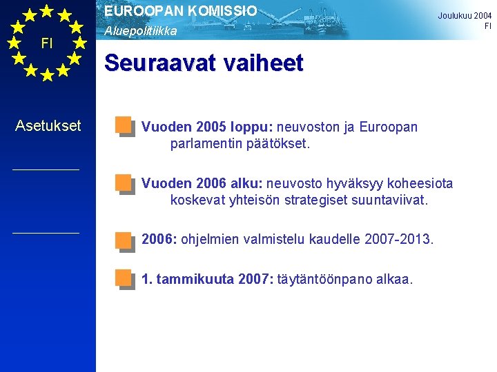 EUROOPAN KOMISSIO FI Asetukset Aluepolitiikka Joulukuu 2004 FI Seuraavat vaiheet Vuoden 2005 loppu: neuvoston