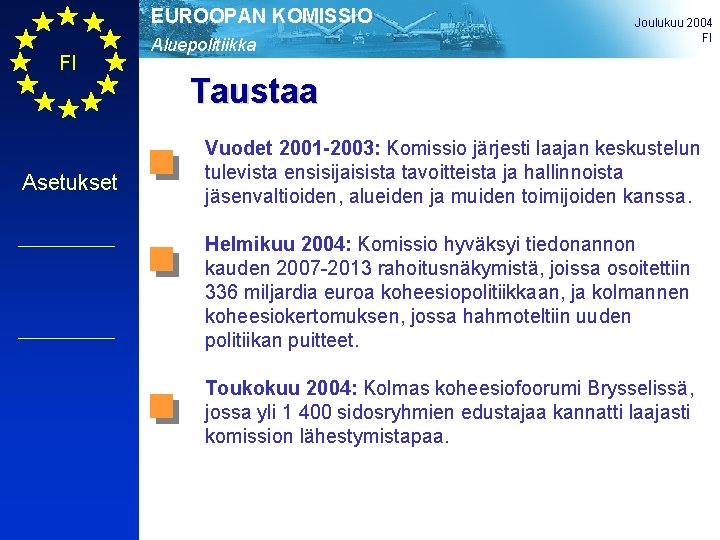 EUROOPAN KOMISSIO FI Asetukset Aluepolitiikka Joulukuu 2004 FI Taustaa Vuodet 2001 -2003: Komissio järjesti