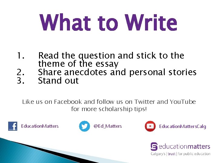 What to Write 1. 2. 3. Read the question and stick to theme of