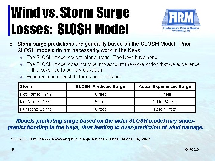 Wind vs. Storm Surge Losses: SLOSH Model ¢ Storm surge predictions are generally based