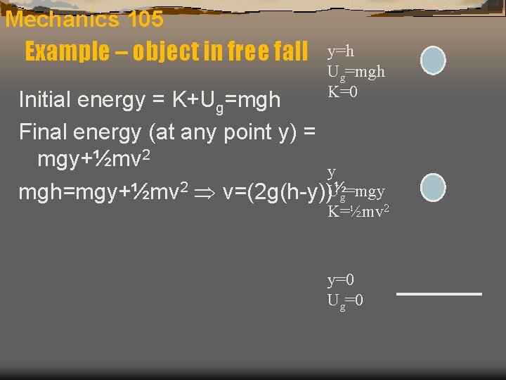 Mechanics 105 Example – object in free fall y=h Ug=mgh K=0 Initial energy =