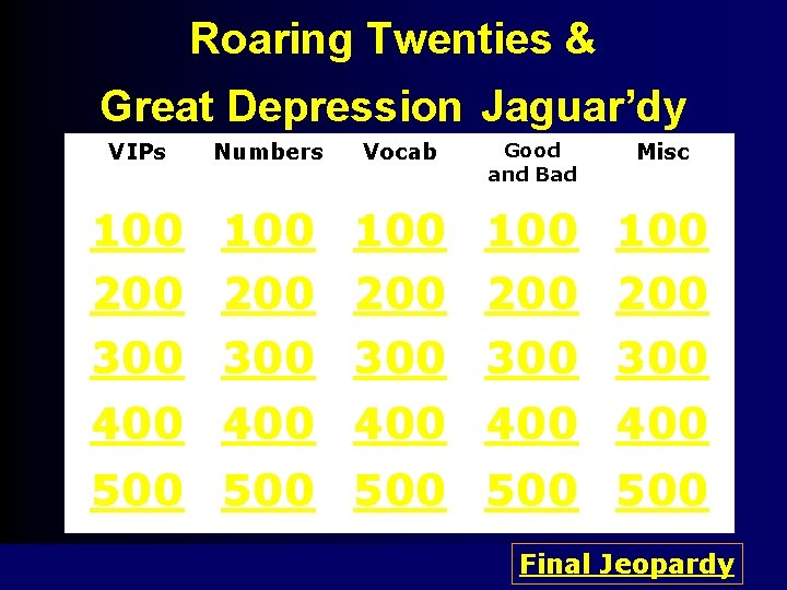 Roaring Twenties & Great Depression Jaguar’dy VIPs Numbers Vocab Good and Bad Misc 100