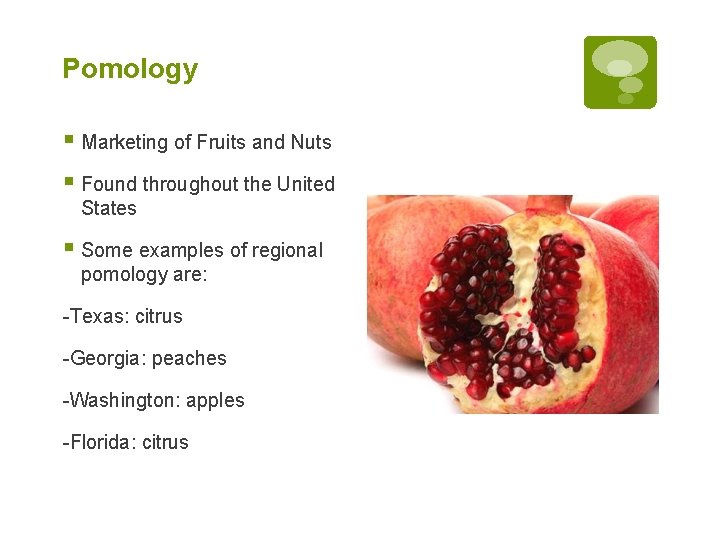 Pomology § Marketing of Fruits and Nuts § Found throughout the United States § Pomology § Marketing of Fruits and Nuts § Found throughout the United States §