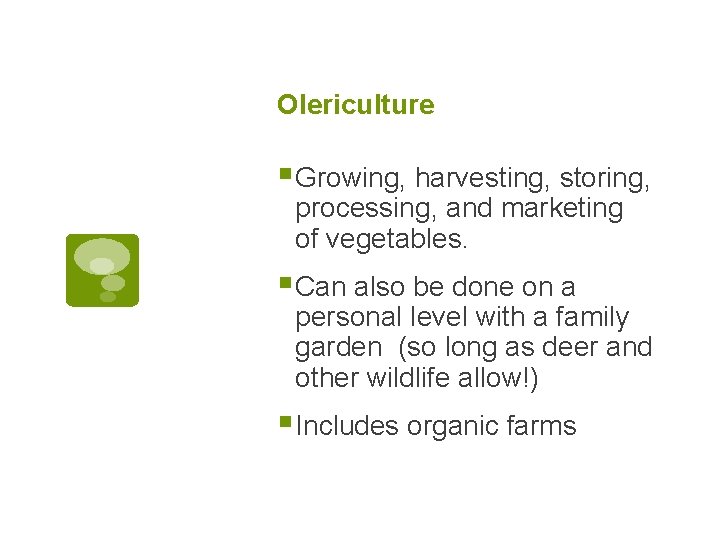 Olericulture § Growing, harvesting, storing, processing, and marketing of vegetables. § Can also be Olericulture § Growing, harvesting, storing, processing, and marketing of vegetables. § Can also be