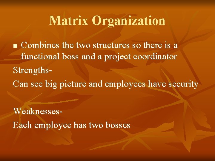 Matrix Organization Combines the two structures so there is a functional boss and a