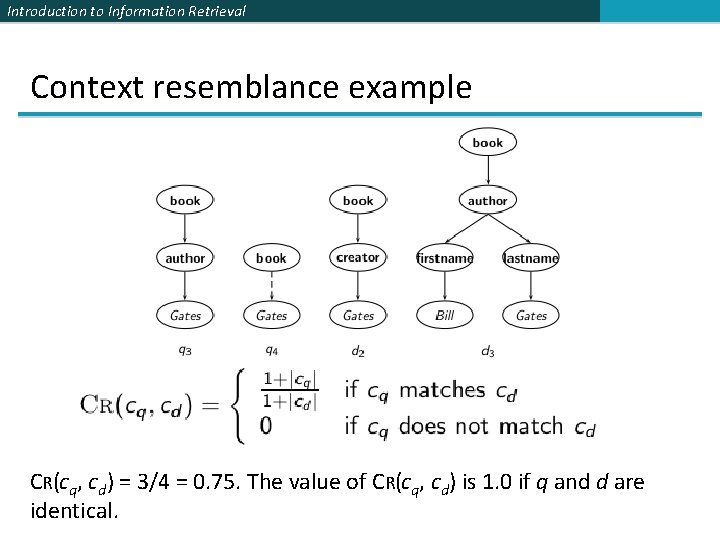 Introduction to Information Retrieval Context resemblance example CR(cq, cd) = 3/4 = 0. 75.