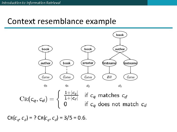 Introduction to Information Retrieval Context resemblance example CR(cq, cd) = ? CR(cq, cd) =