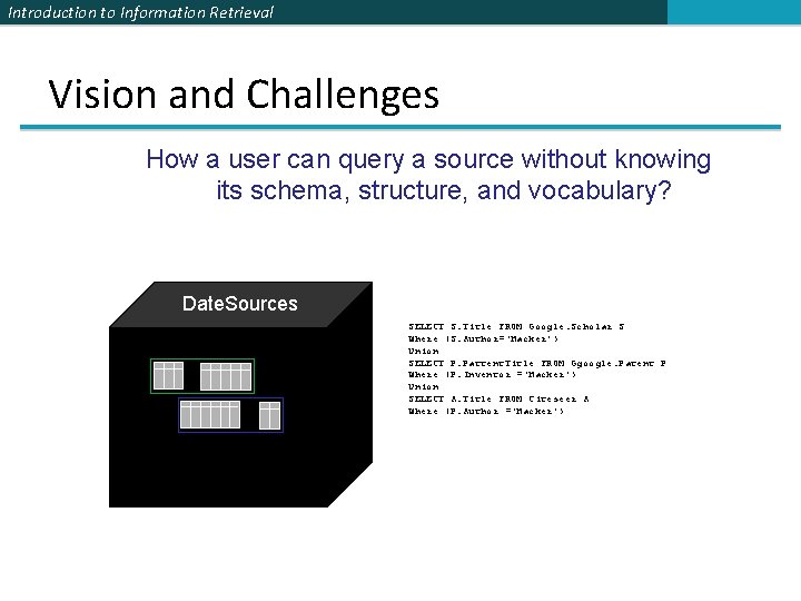 Introduction to Information Retrieval Vision and Challenges How a user can query a source