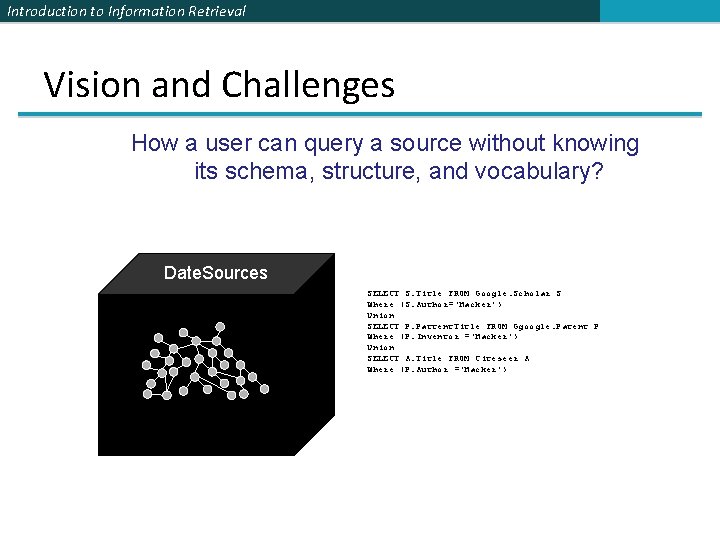 Introduction to Information Retrieval Vision and Challenges How a user can query a source