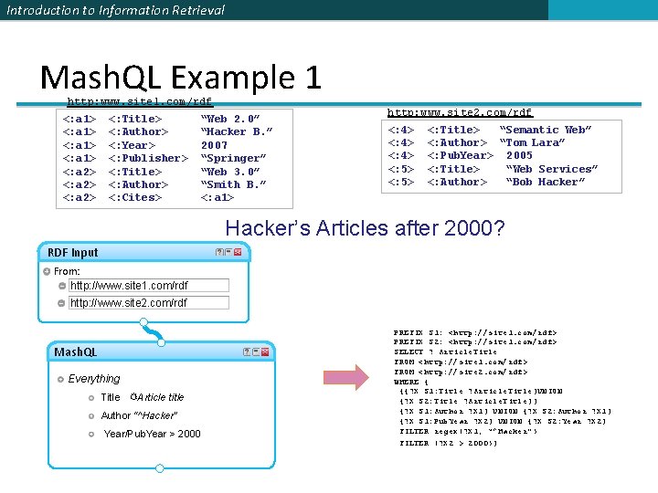 Introduction to Information Retrieval Mash. QL Example 1 http: www. site 1. com/rdf <: