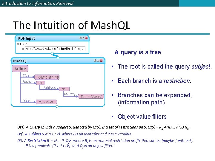 Introduction to Information Retrieval The Intuition of Mash. QL RDF Input URL: http: //www