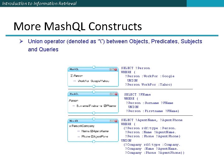 Introduction to Information Retrieval More Mash. QL Constructs Ø Union operator (denoted as “”)