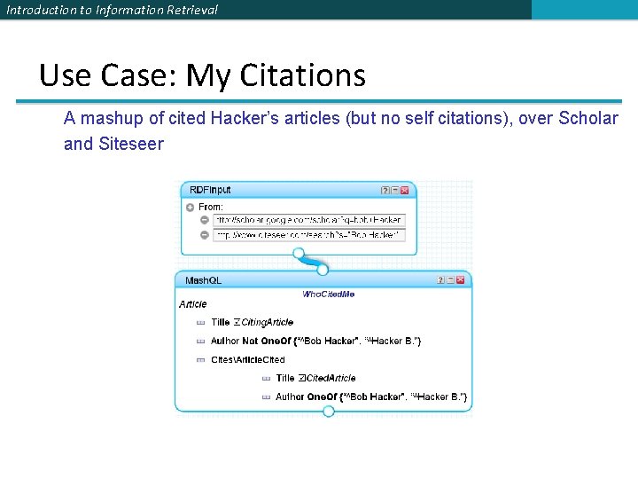 Introduction to Information Retrieval Use Case: My Citations A mashup of cited Hacker’s articles