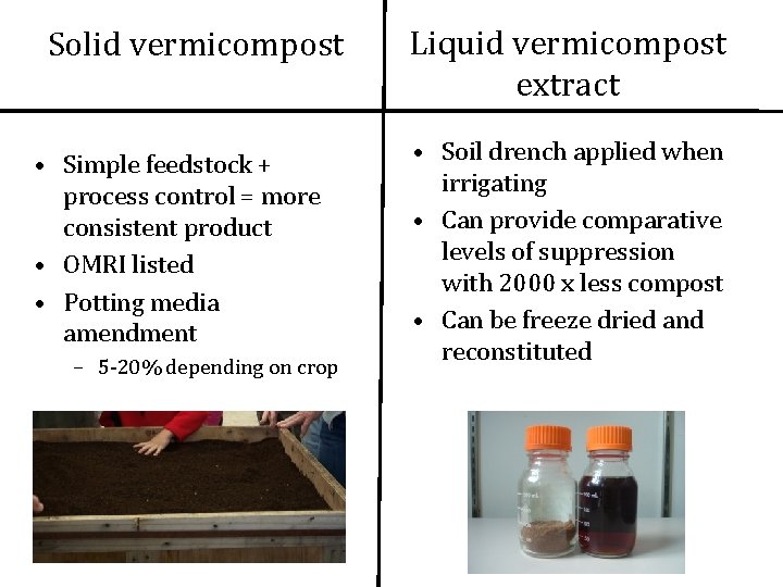 Solid vermicompost • Simple feedstock + process control = more consistent product • OMRI