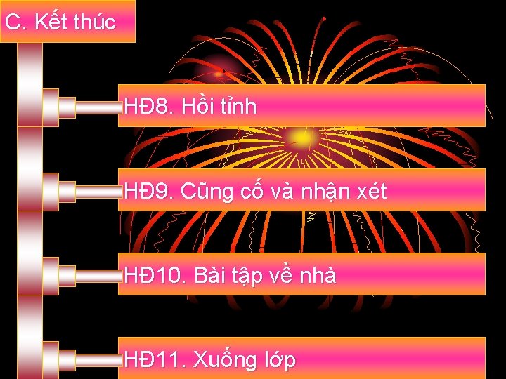 C. Kết thúc HĐ 8. Hồi tỉnh HĐ 9. Cũng cố và nhận xét