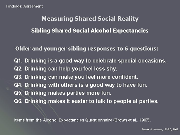 Findings: Agreement Measuring Shared Social Reality Sibling Shared Social Alcohol Expectancies Older and younger