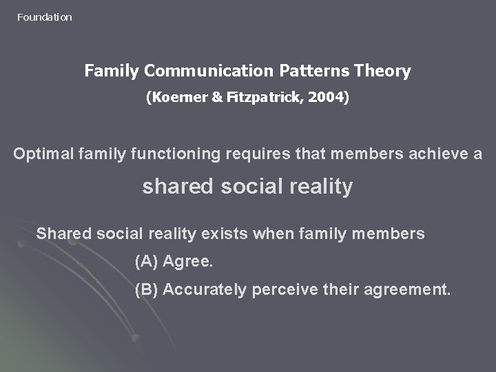 Foundation Family Communication Patterns Theory (Koerner & Fitzpatrick, 2004) Optimal family functioning requires that
