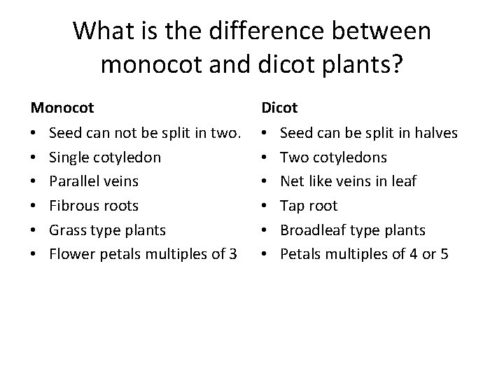 What is the difference between monocot and dicot plants? Monocot • • • Seed