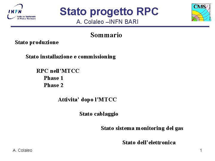  Stato progetto RPC A. Colaleo –INFN BARI Sommario Stato produzione Stato installazione e