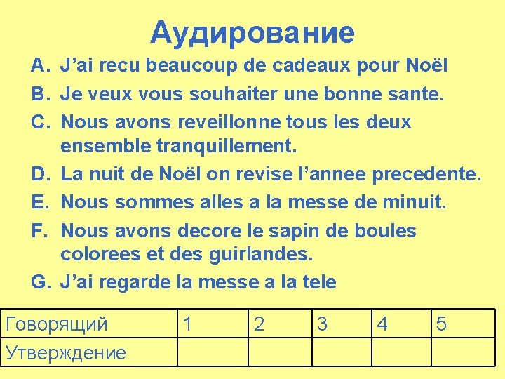 Аудирование A. J’ai recu beaucoup de cadeaux pour Noёl B. Je veux vous souhaiter