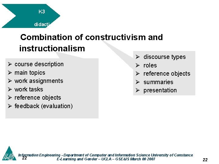 K 3 didacti c concept Combination of constructivism and instructionalism Ø Ø Ø course
