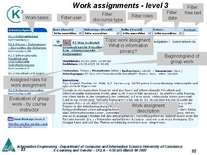 Work assignments - level 3 Work tasks Filter: user Filter: discourse type Filter: date