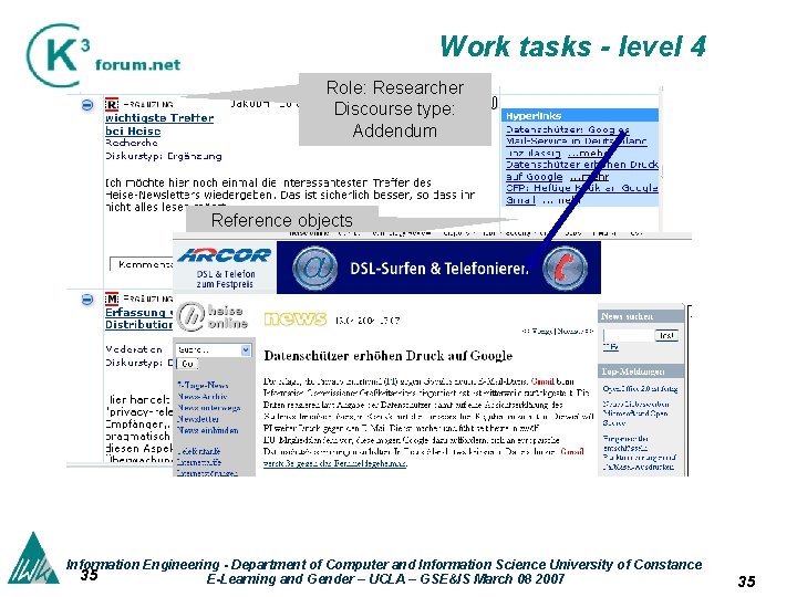 Work tasks - level 4 Role: Researcher Discourse type: Addendum Reference objects hyperlinks literature