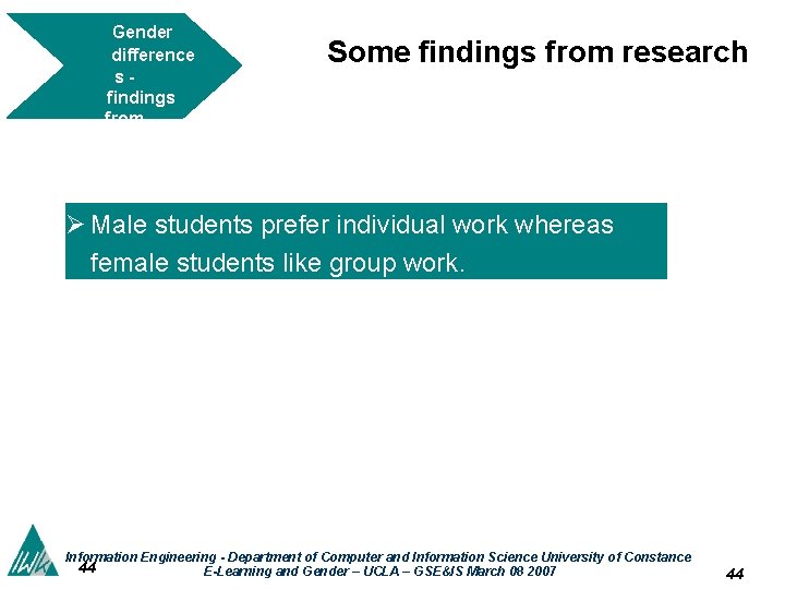 Gender difference sfindings from research Some findings from research Ø Male students prefer individual