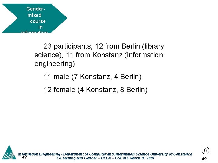 Gendermixed course in information ethics 23 participants, 12 from Berlin (library science), 11 from