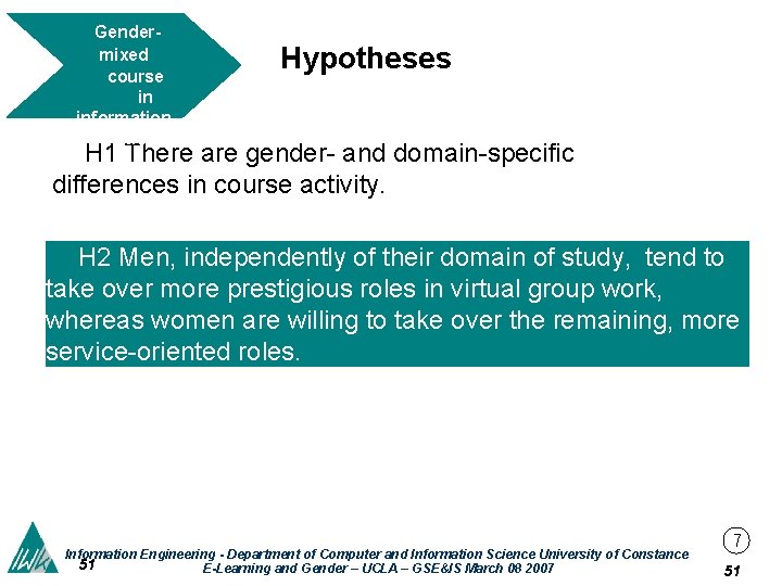 Gendermixed course in information ethics Hypotheses H 1 There are gender- and domain-specific differences