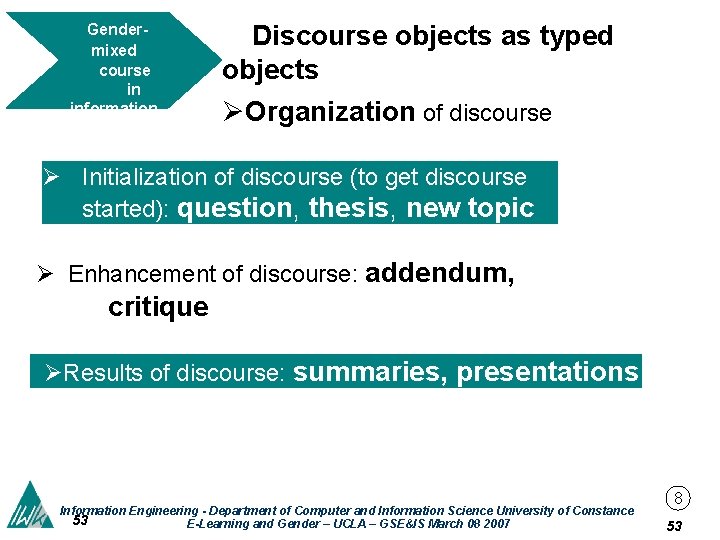 Gendermixed course in information ethics Discourse objects as typed objects ØOrganization of discourse Ø