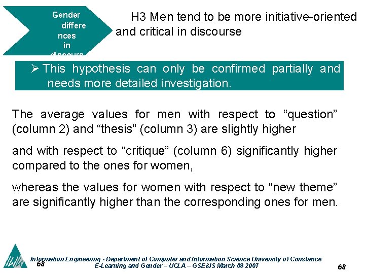 Gender differe nces in discours e H 3 Men tend to be more initiative-oriented