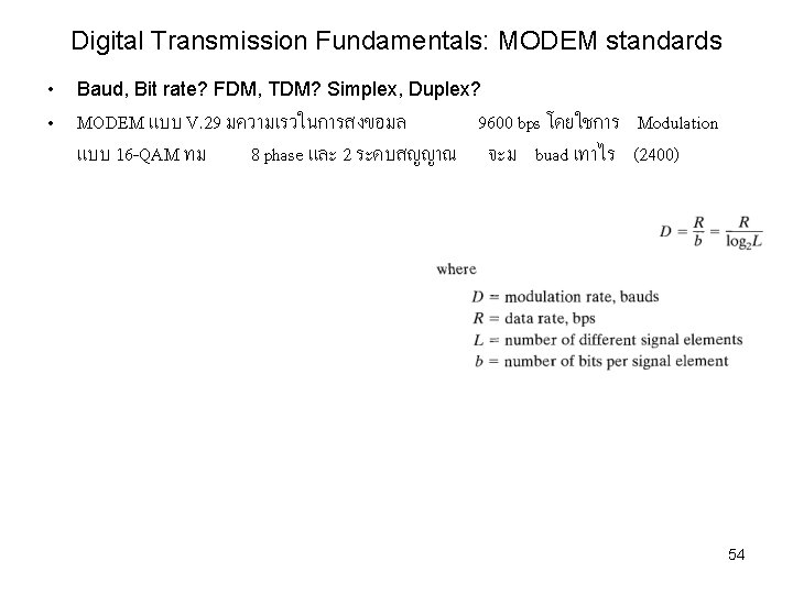Digital Transmission Fundamentals: MODEM standards • Baud, Bit rate? FDM, TDM? Simplex, Duplex? •