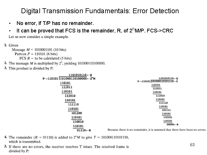 Digital Transmission Fundamentals: Error Detection • • No error, if T/P has no remainder.