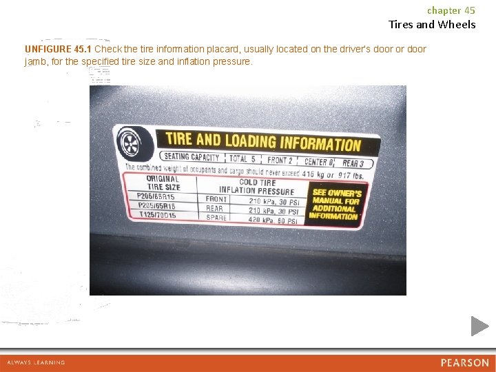 chapter 45 Tires and Wheels UNFIGURE 45. 1 Check the tire information placard, usually