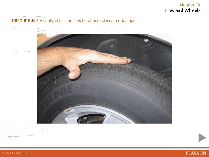 chapter 45 Tires and Wheels UNFIGURE 45. 2 Visually check the tires for abnormal