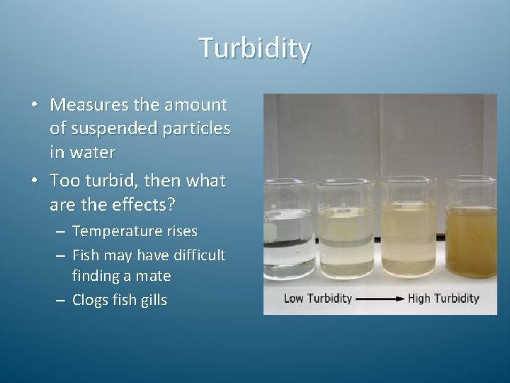 Turbidity • Measures the amount of suspended particles in water • Too turbid, then